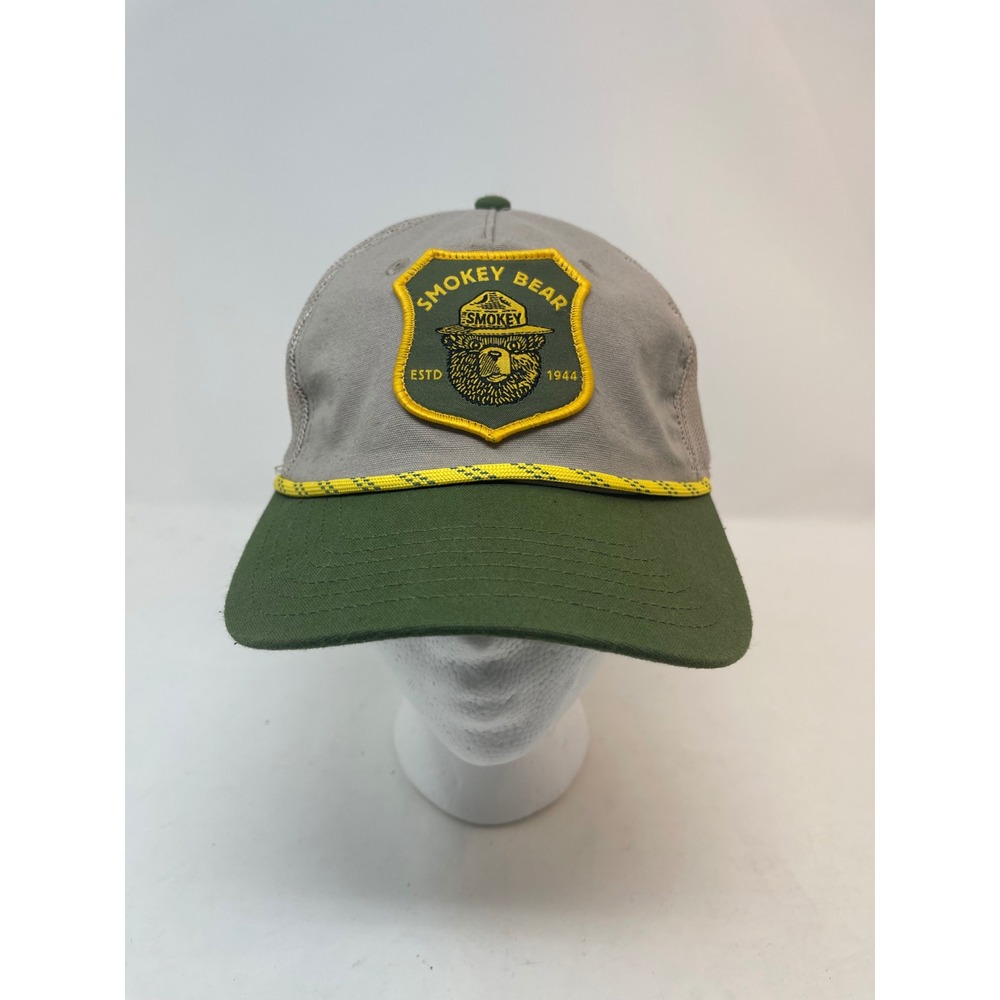 Smokey Bear Trucker Hat Mens OSFM Green Grey Snapback Mesh Rope Cap